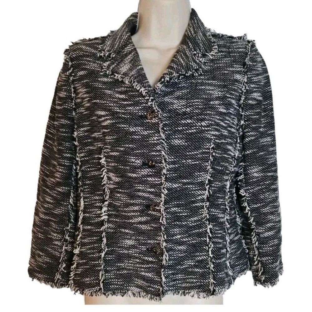 Vtg Rickie Freeman Teri Jon Women's Sz 6 Short Tweed Suit Coat Fringe Geometric